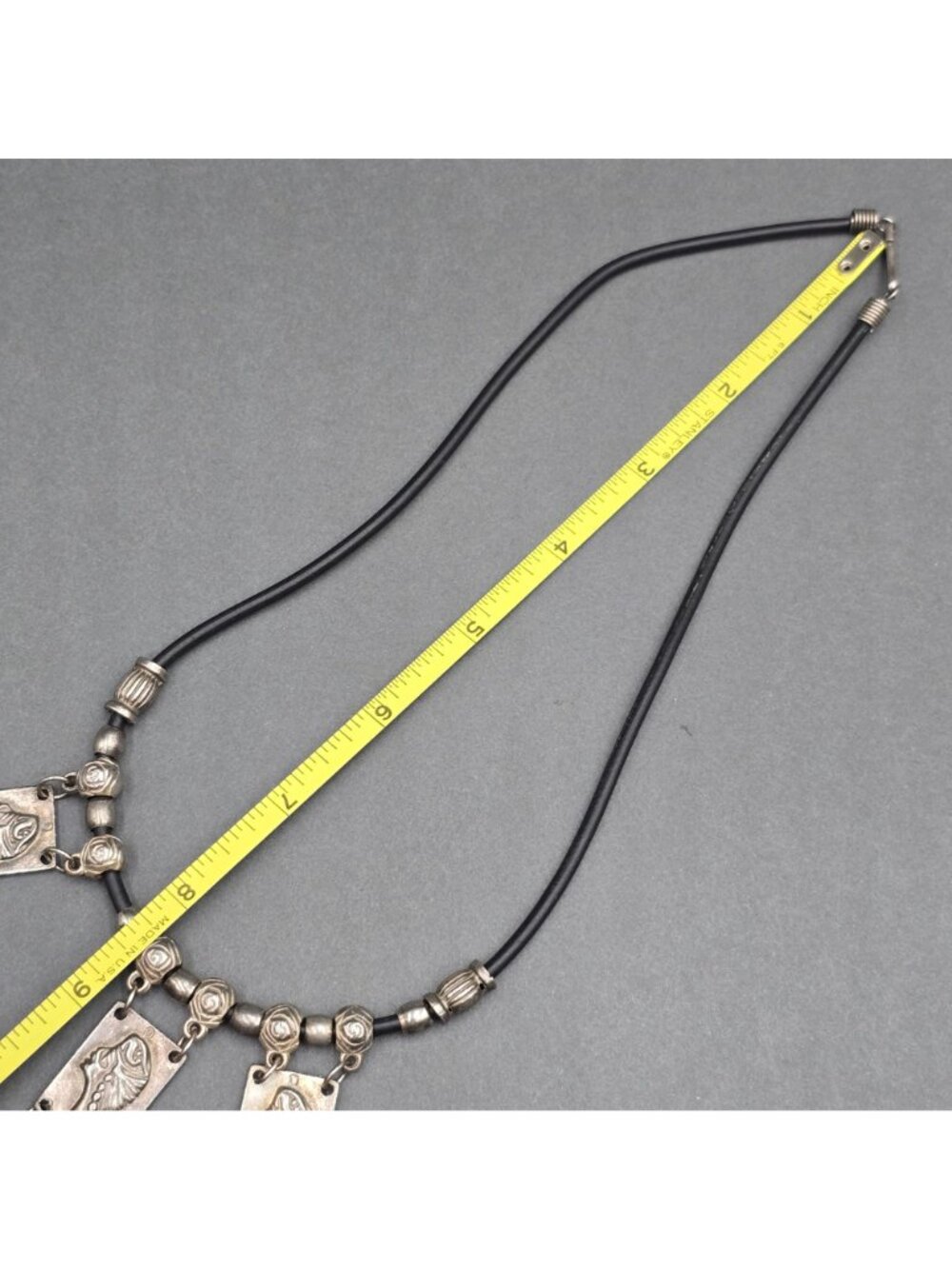 Vintage Tribal Panel Fringe Necklace Silver Tone Leather Cord Boho Statement - Picture 15 of 16